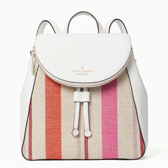 Kate Spade Leila Medium Flap Striped Canvas Colorful Backpack Pebble Leather Euc